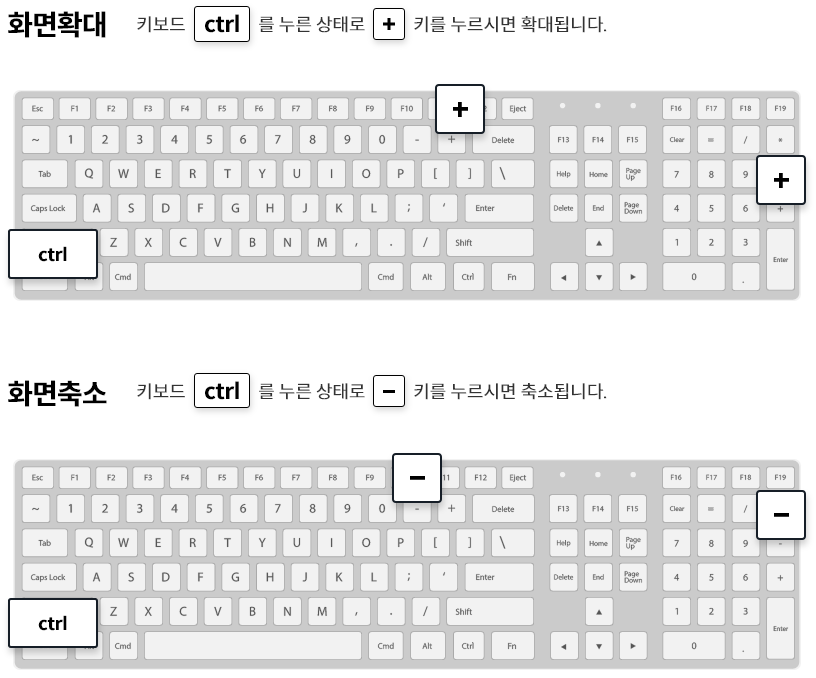 화면확대 : 키보드 ctrl 를 누른 상태로 + 키를 누르시면 확대됩니다. 화면축소: 키보드 ctrl를 누른 상태로 - 키를 누르시면 축소됩니다.